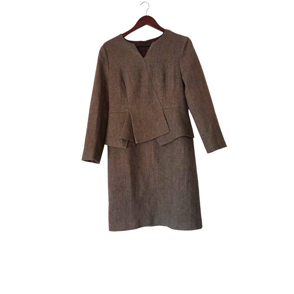 Goelia Wool Blend Long Sleeve Peplum Dress Coffee Brown Size L Herringbone